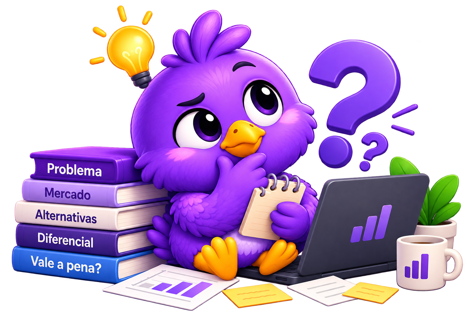 Pássaro roxo pensativo, com a mão no queixo, ao lado de uma pilha de livros com os títulos Problema, Mercado, Alternativas, Diferencial e Vale a pena?, um notebook e grandes pontos de interrogação